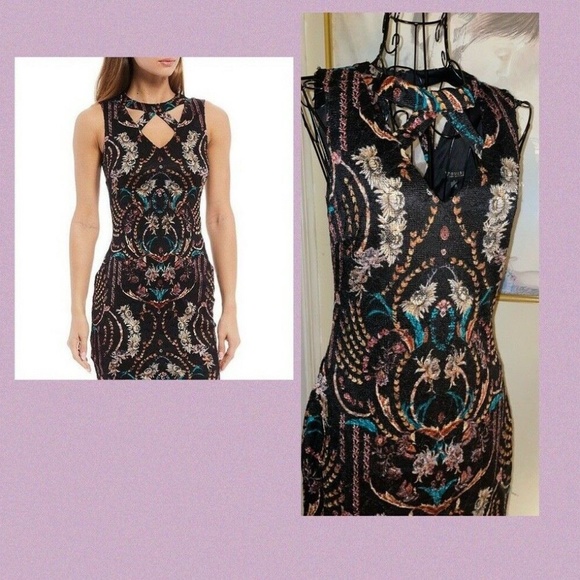 GUESS "CUTAWAY NECK" BLACK FLORAL PRINTED LACE COVERED DRESS~SLEEVELESS~SIZE 4 - Picture 1 of 7
